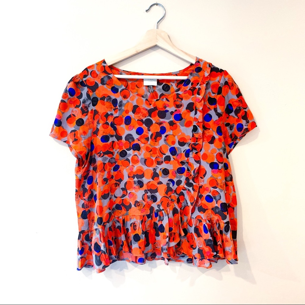 Anthropologie Red and Blue Polka Dot Blouse